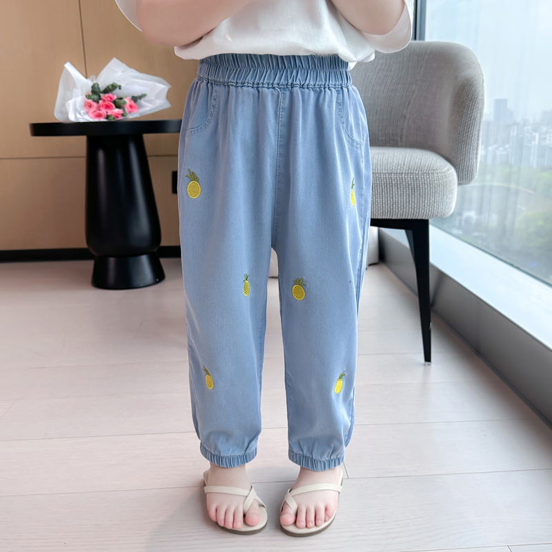 女童薄款裤子夏季宝宝外穿洋x气天丝牛仔裤儿童夏装弹力灯笼防蚊