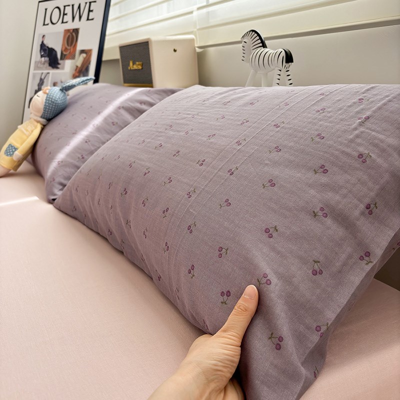 浅紫色小清新碎花韩版少女全w棉枕头套双层纱紫樱桃 枕套48*74