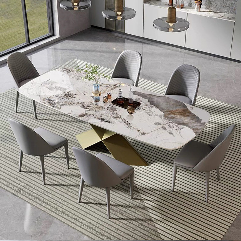 亮光岩板餐桌小户型设计师饭桌北欧现代轻奢家用古铜色餐桌椅组合