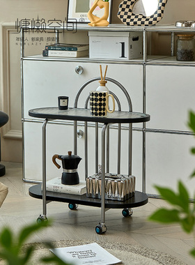 慵懒空间复古轻奢沙发边几家用移动不锈钢茶几简约玻璃小推车角几