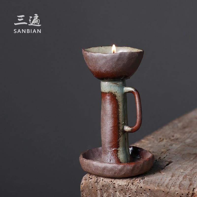 三遍 手作INS风粗陶蜡烛台日式简约茶道禅意摆件烛灯复古氛围薰灯