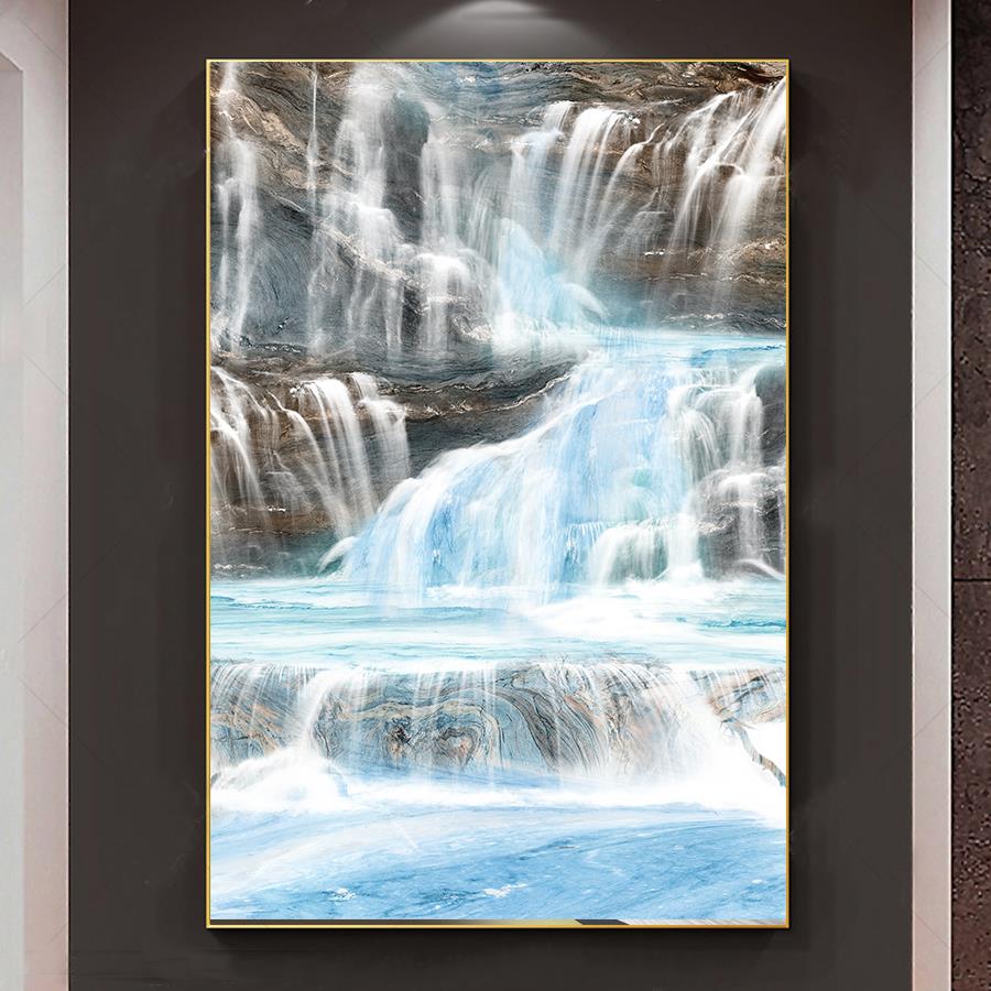 瀑布山水画图客厅玄关装饰画走廊过道平面晶瓷铝合金框画图片