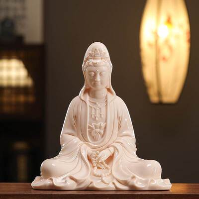 玉黄瓷自在静思观世音菩萨摆件佛像家居客厅办公室书房陶瓷装饰品