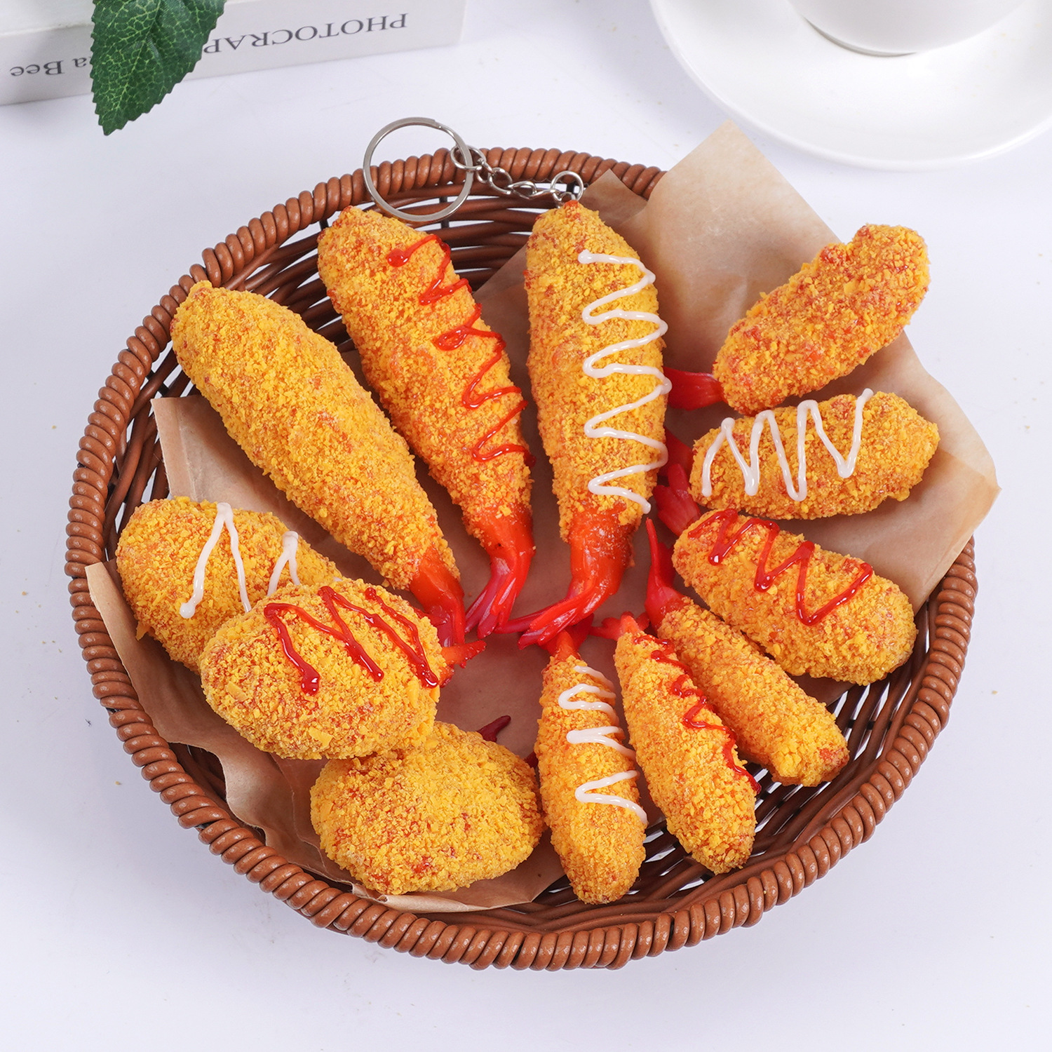 仿真海鲜拉丝芝士天妇罗虾钥匙扣假食物油炸蟹钳搞笑视频拍摄道具