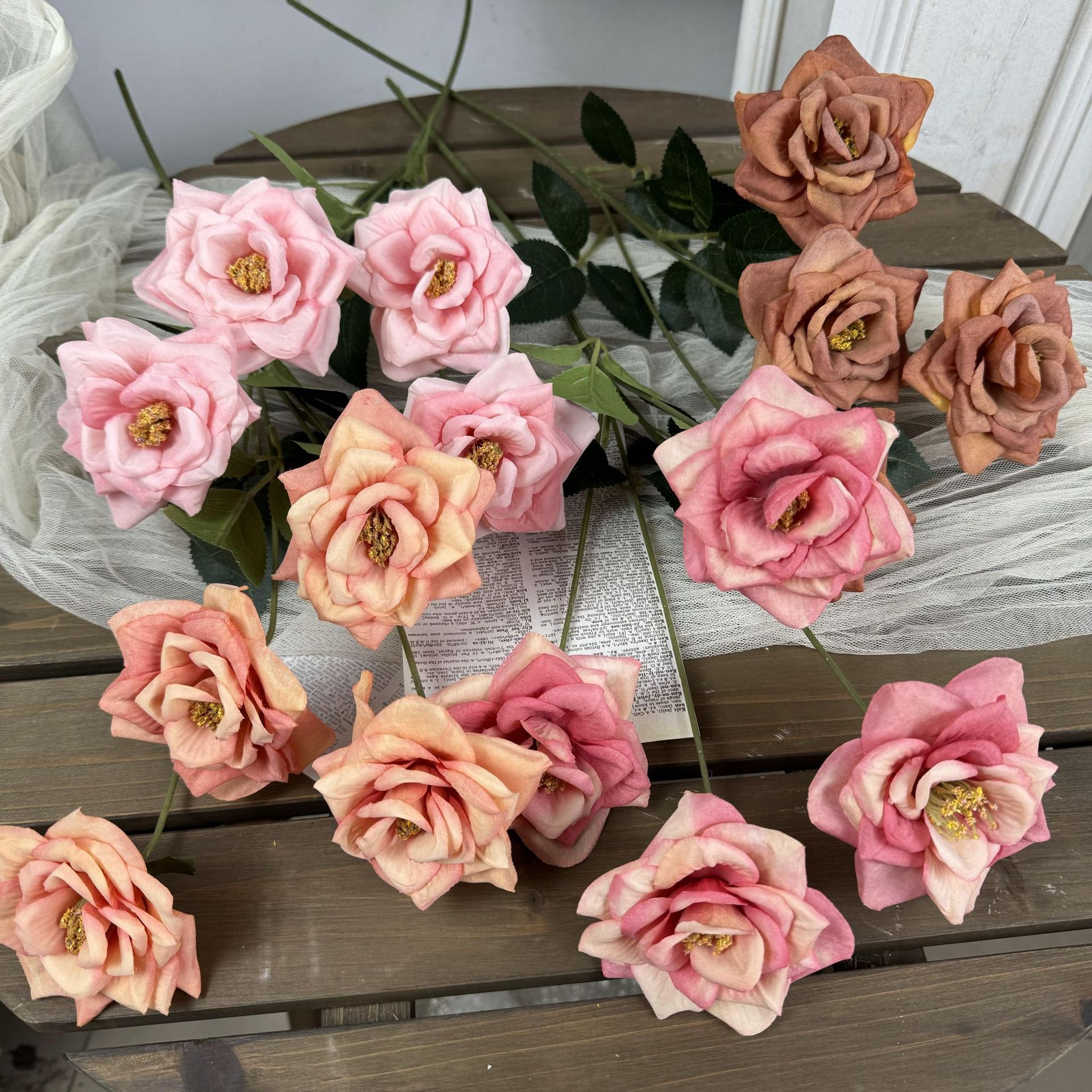 4头月季花客厅装饰假花家居餐桌摆件插花手工人造花干花餐桌花艺