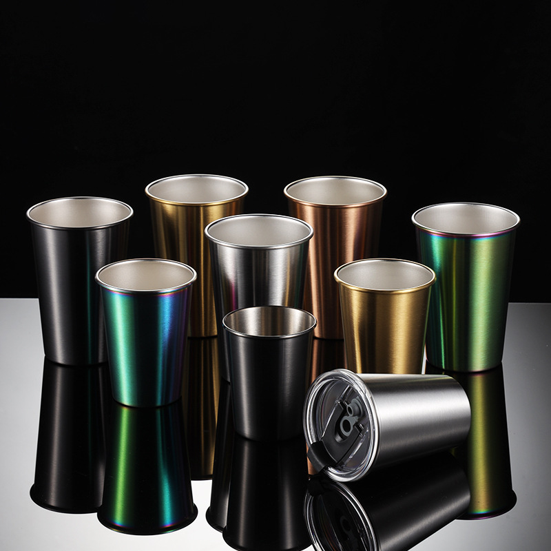 304不锈钢品脱杯冷饮水杯镀钛金色PVD啤酒口杯工业风盖子马克杯盖