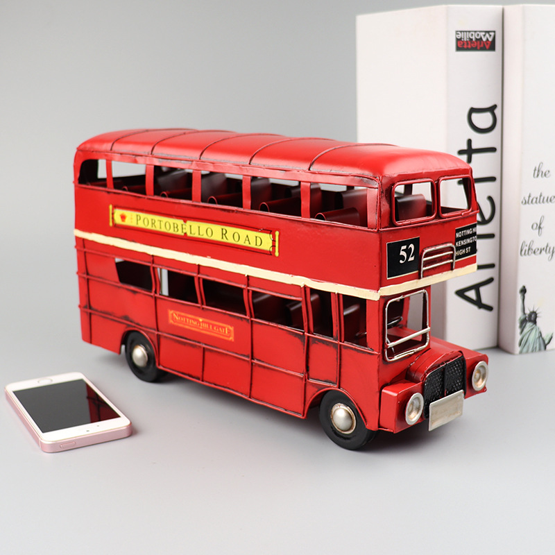仿真复古英国伦敦铁皮工艺品双层巴士电车模型客厅橱窗装饰摆件
