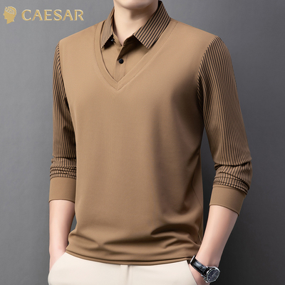 凯撒大帝2025年秋季新款长袖假两件polo衫休闲百搭打底上衣男士J