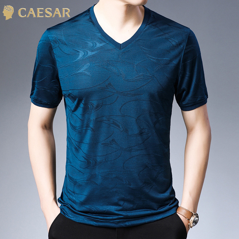 凯撒大帝夏季新款男士V领时尚百搭商务休闲中年爸爸装上衣短袖男J