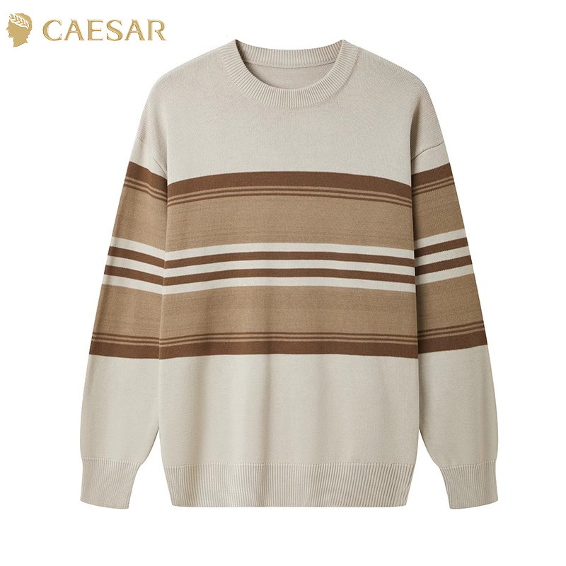 凯撒大帝2025秋季男休闲款百搭圆领条纹长袖直筒型上衣针织打底衫