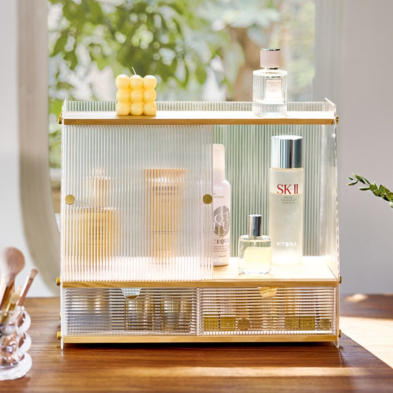 化妆品收纳盒实木防尘抽屉式桌面梳妆台护肤品置物架亚克力