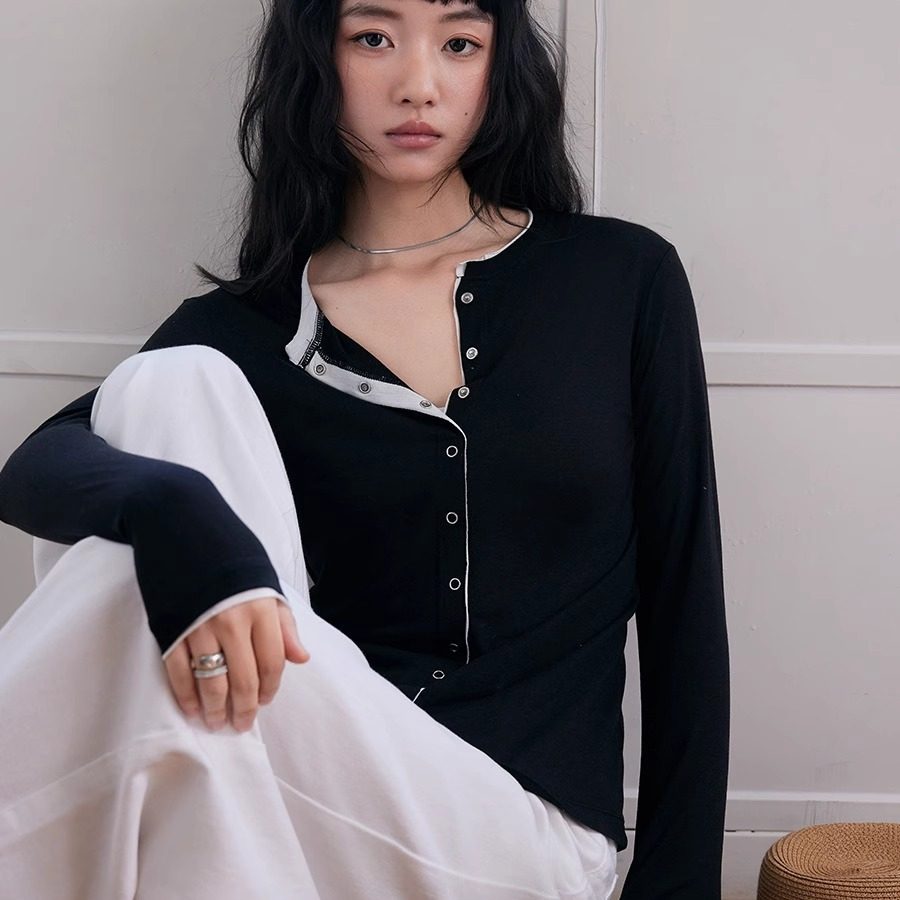 七禾页 2025  天丝醋酸单排扣T恤 绵羊毛纯色长袖薄上衣