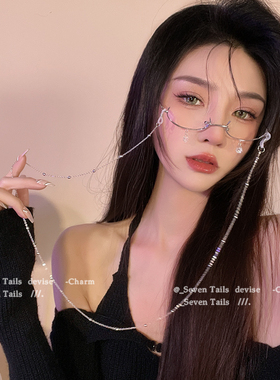 网红下半框眼镜女纯欲风无镜片挂脖E链镜架链条装饰直播眼镜框链