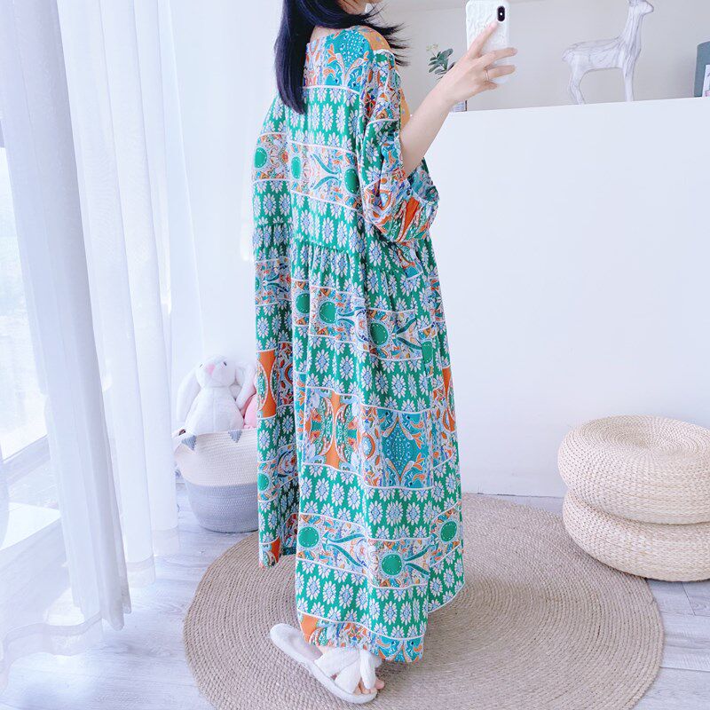 名族风花边中袖防凸点加长大码绵绸棉睡裙J宽松孕妇胖MM人棉家居