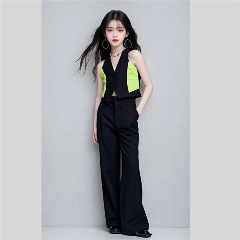 少儿童模特形体走秀潮服女童酷y潮服新中式T台服装黑色套装演出服