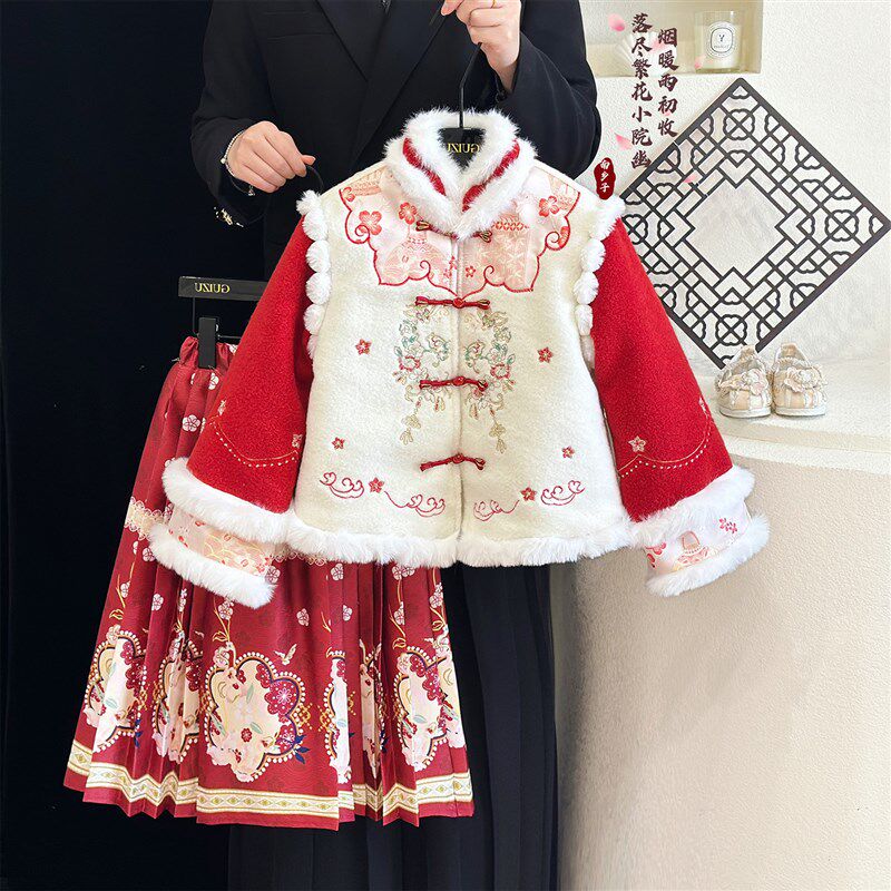 女童马面裙套装冬装o儿童中国风汉服裙子洋气拜年服加厚加绒公主