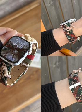 LINEVEK适用苹果applewatch手表表带ultra3新款11红色10秋冬9女款8iwatch配件腕带SE毛呢拼接皮质765高级腕带