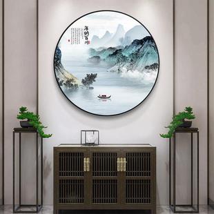新中式客厅装饰画玄关圆形山水挂画茶室走廊过道办公室背景墙壁画