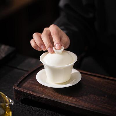 何白 冰种玉瓷德玉满堂马蹄三才盖碗功夫茶具家用泡茶碗礼盒