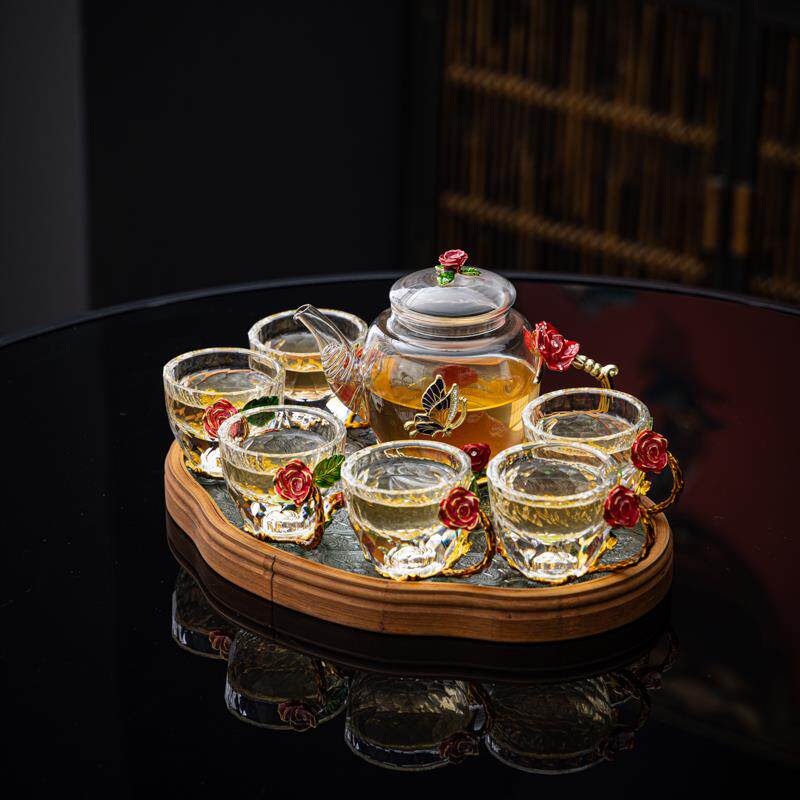 柏兮珐琅彩玫瑰水晶玻璃茶具套装花茶杯小家用泡花茶玻璃壶干泡盘