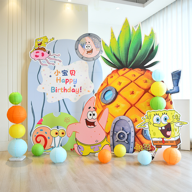 海绵宝宝主题生日派对男孩女宝宝周岁宴气球布置KT板装饰场景墙