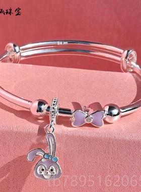 高档儿童银手镯女纯银子男足女银999小孩银手环童镯学生卡通生日