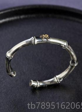 高档999纯复银手镯男国风古做实心旧知足常中乐平安竹情侣开口银