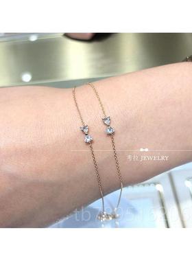 高档日本金18K蝴结钻石手链女黄.金心心形纯银爱手镯蝶手环玫瑰金