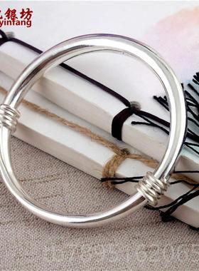 高档纯手工打磨 手银实镯 999纯银女 经典心镯 光面圆条子伸缩推