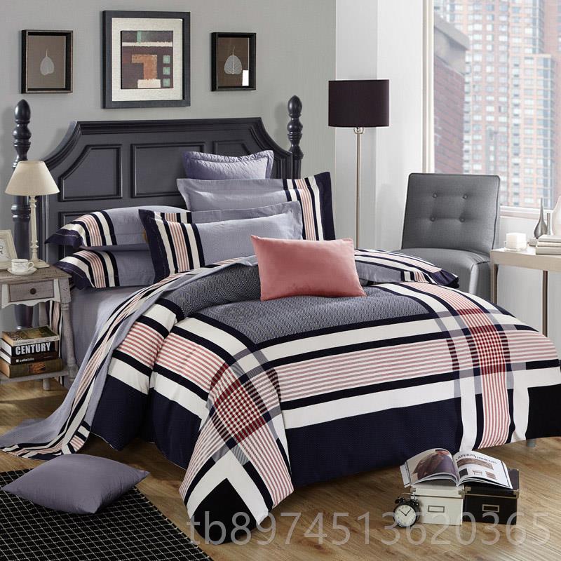 正品时尚简约格纯棉条毛四磨件套.8m床双人被套全棉1床单床上用品