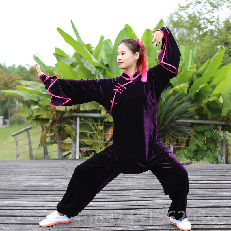 正品斜襟收加腰秋冬加厚金丝绒太极服练功武术演服长中老年表比赛