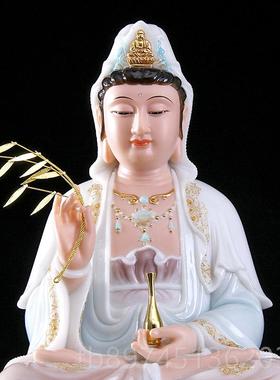 正品观音音菩萨用坐莲观佛像家用汉 白玉手工彩釉镶金 娑婆三家圣