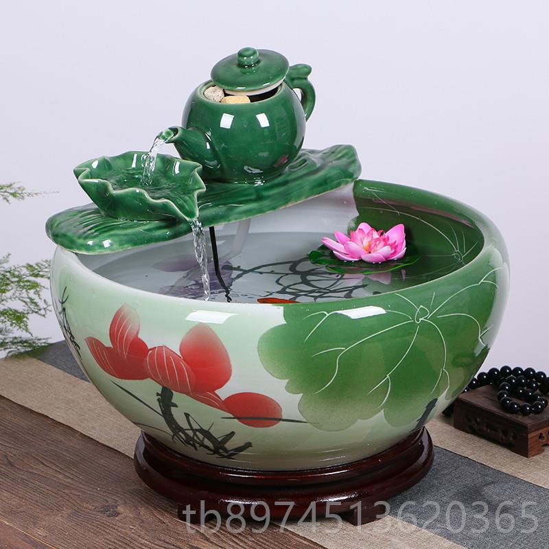 正品景德镇陶瓷造加鱼缸流用水喷泉家小金鱼缸手绘乌龟养鱼盆湿装