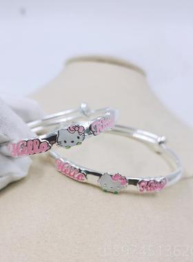 正品999宝宝纯银手镯女学猫粉色公主银生满手环实小心婴儿童月礼