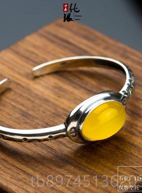 正品S92蜡南5银手镯空托银托镶嵌适合琥珀蜜玉宝石石红13*18