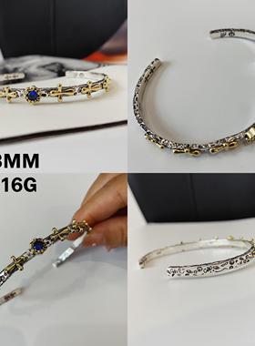 正品不扭银匠 原手创925纯银十字架涂鸦纹细开口镯镶嵌宝石女同式