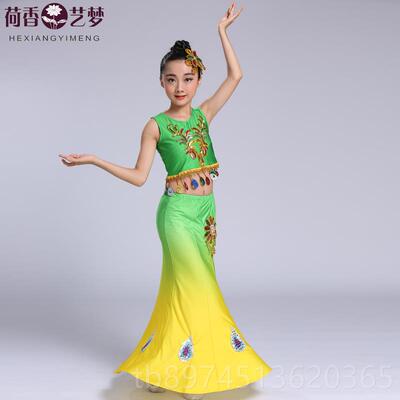正品儿童傣舞蹈演出服孔雀舞女蹈族装民族舞彩云之南练功服童鱼尾