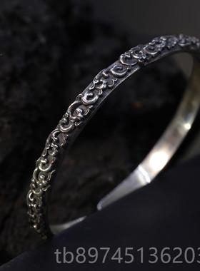 正品客纯银吉手祥手卷草纹镯男女原创复古纯银环情蒙侣男士祥云银