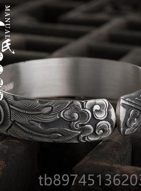 正品寸银坊南云制工作复古做旧足银浮雕宽面手实心凤穿牡丹手镯.