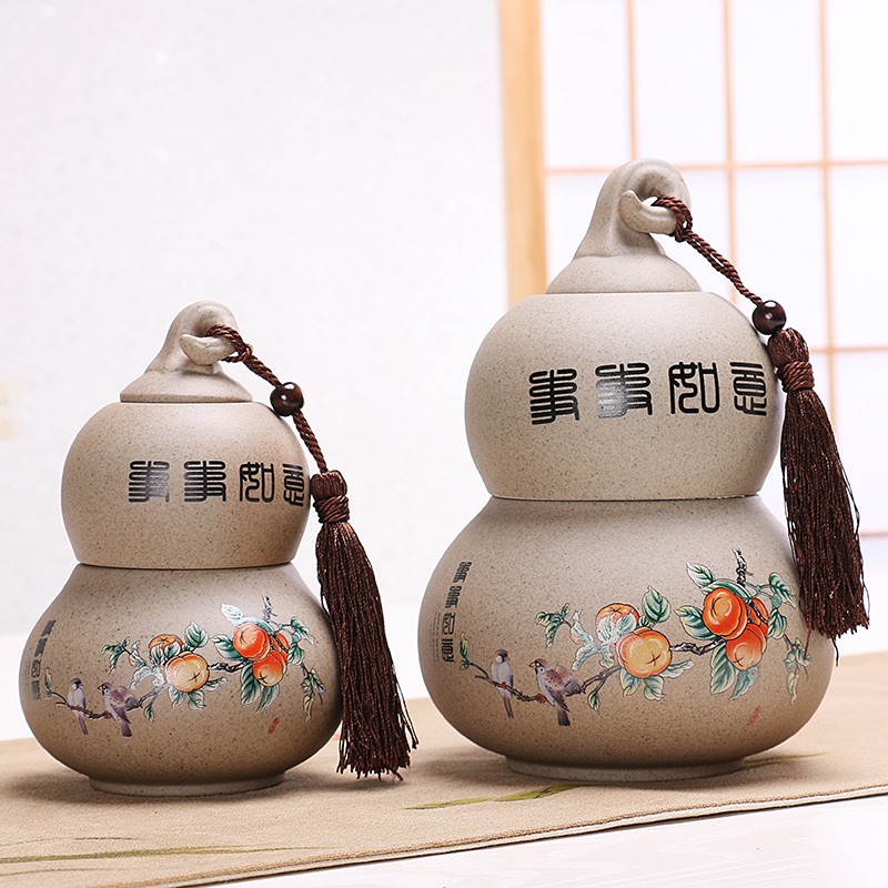 粗陶葫芦形茶叶罐 陶瓷茶叶罐 大号密封粗陶茶叶罐 存茶罐 紫砂罐