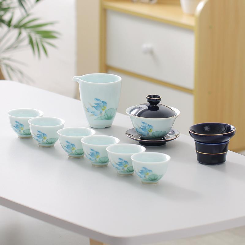 青瓷茶具套装茶碗茶杯茶壶10头功夫茶具商务礼品可加logo直销