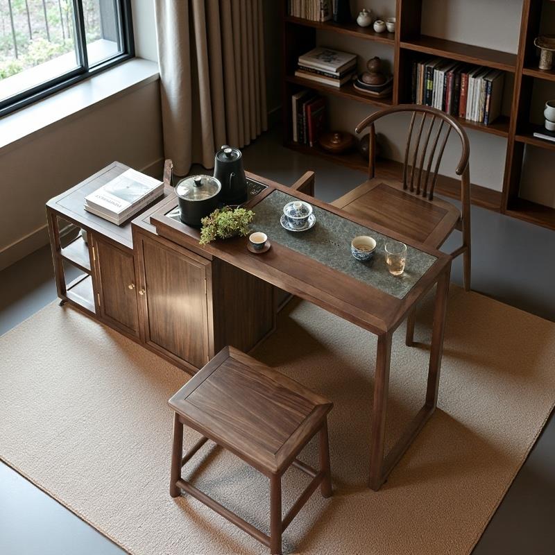 可旋转茶桌小茶车柜乌金木实木可移动泡茶台阳台家用桌椅组合茶几