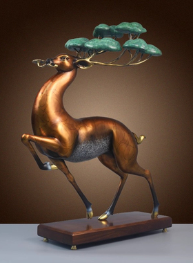 纯黄铜鹿福寿有鹿摆件中式装饰品