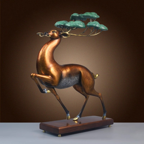 纯黄铜鹿福寿有鹿摆件中式装饰品