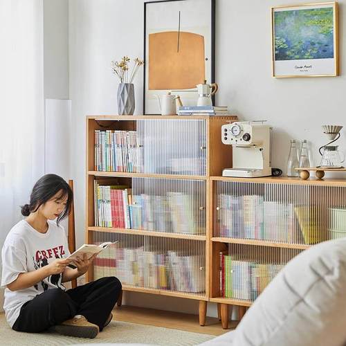 北欧樱桃木落地书柜储物柜一体家用白橡木日式实木儿童收纳置物架