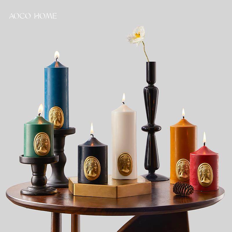 手工覆古浮雕人像粗圆柱香薰蜡烛家用无烟晚宴氛围感烛台装饰摆饰