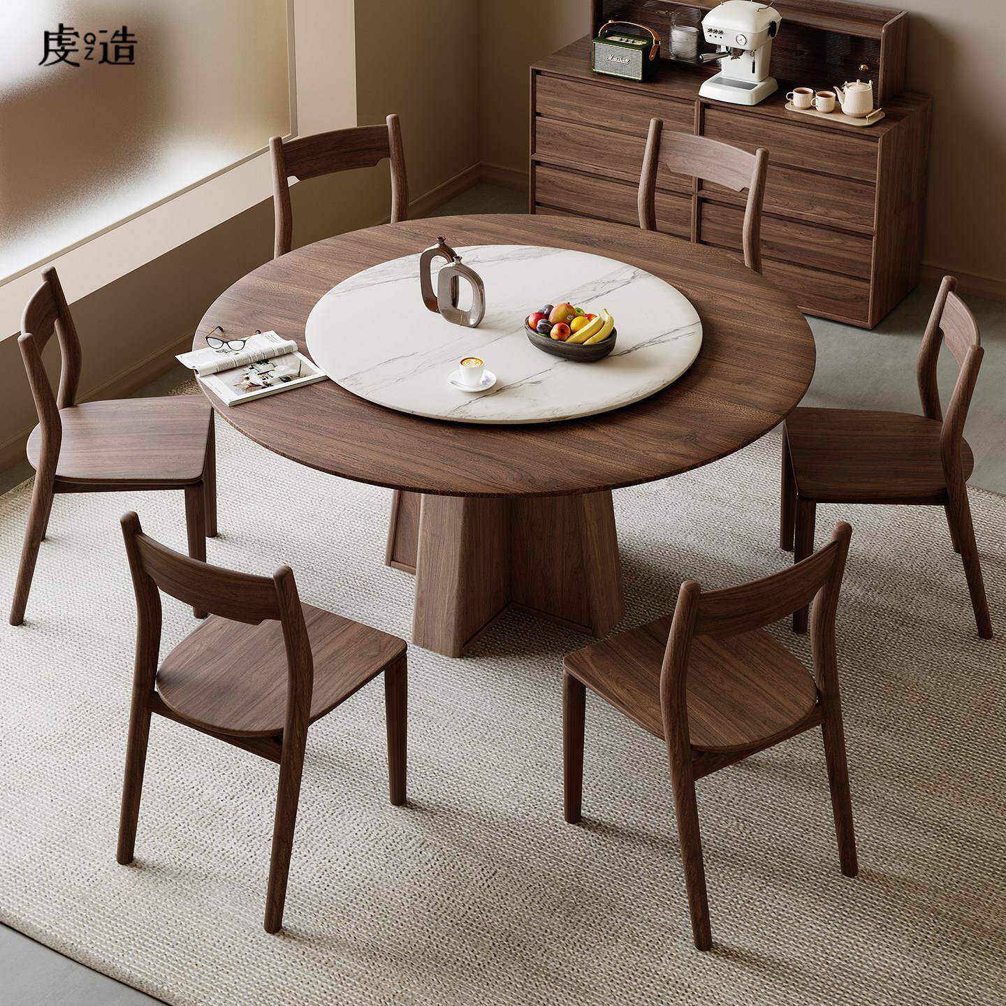 虔造家具黑胡桃木实木圆形餐桌饭桌中古风餐厅大圆餐桌带转盘家用