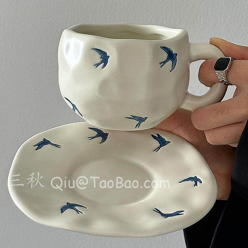 三秋Sanq复古手绘手捏哑白燕归咖啡杯碟中古风下午茶水杯小众礼物,餐饮具,咖啡杯,淘宝优惠券,粉丝福利购,淘宝优惠卷