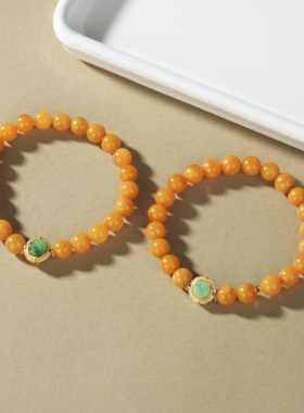 云上叙俄罗斯天然蜜蜡琥珀diy925银镶嵌翡翠手串V91445-E（商城）