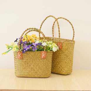 凯达水草手工编织花器手提编制篮子欧美风婚庆装饰花篮现货